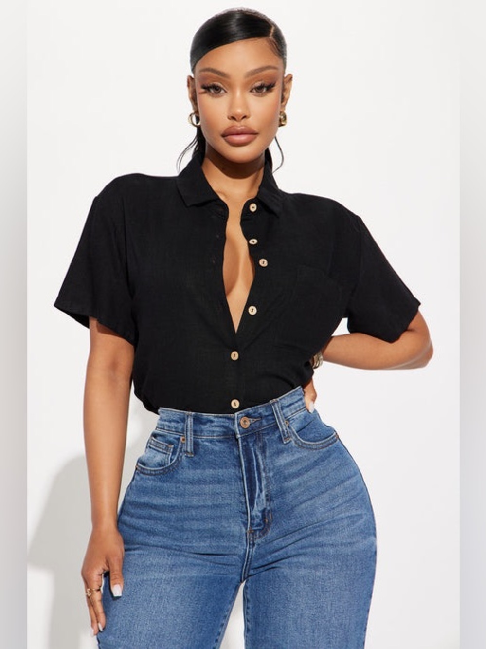 NWT Fashion Nova Just Another Day Linen Shirt Black Short Sleeve Button Down